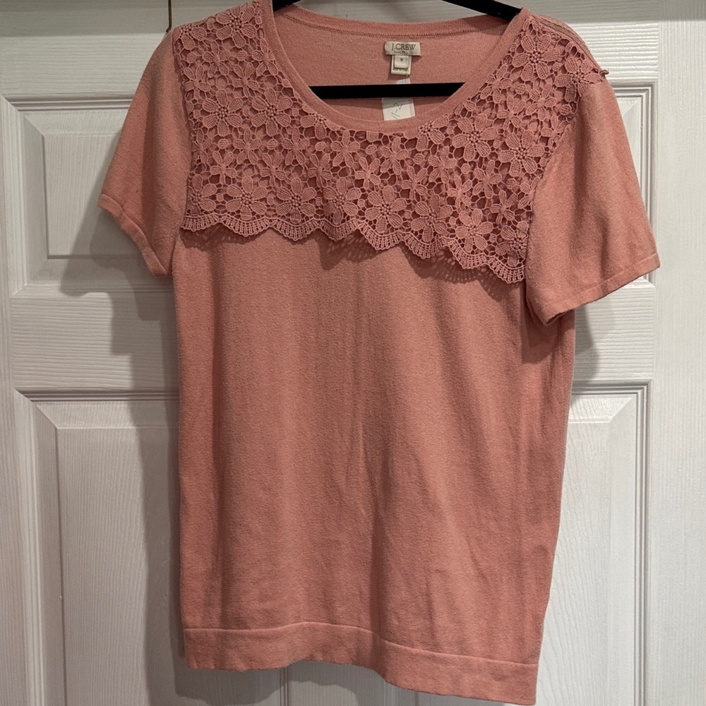 J. Crew Dusty Rose Crochet Yoke Short-Sleeve Top